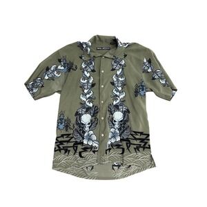 Box Office Island Mens Skull Hibiscus Tribal Print Shirt Olive Green Large L